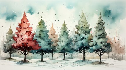 Watercolor Christmas Tree in a Snowy Landscape, Winter Scene with a Snow-Covered Tree, Artistic Holiday Background