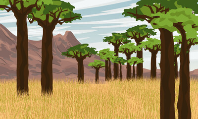 African savannah. Baobab grove at the foot of the mountain. Wildlife of Africa. Realistic vector landscape