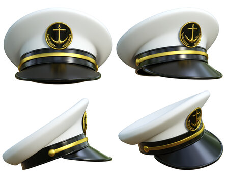 Navy cap set, ship officer, admiral, sailor, naval captain hat various views 3d rendering
