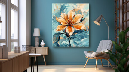a painting of a yellow flower on a blue wall.   Acrylic Painting of a Sienna color flower, Perfect for Wall Art.