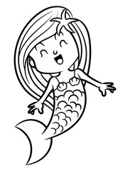 Cartoon illustration of Cute little mermaid swimming at ocean. Best for outline, logo, and coloring book with fairytale themes for children