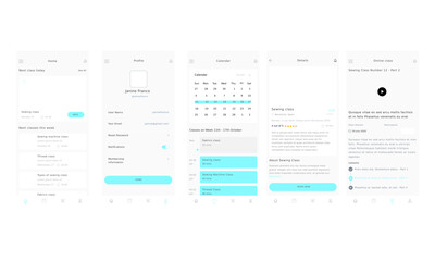 Sewing Classes, sew School, stitch, patchwork class and Online Academy Blue App Ui Kit Template