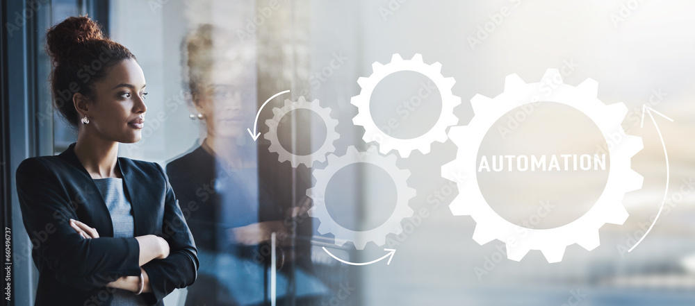 Aufkleber Machine gear, automation hologram and woman with thinking and working on information tech for business. Website, dashboard and application with futuristic research by office window with worker idea