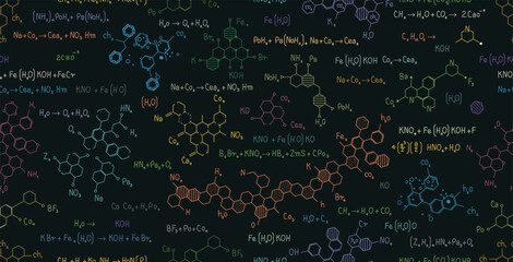 Seamless multicolored scientific chemical formulas on chalkboard. - obrazy, fototapety, plakaty