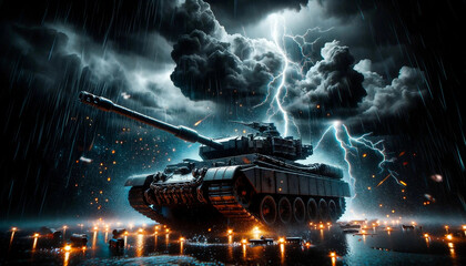 a tank on a stormy night with lightning - obrazy, fototapety, plakaty