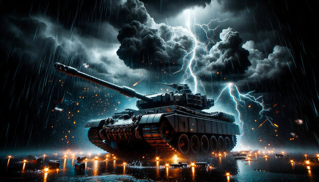 a tank on a stormy night with lightning