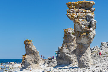 Impressive limestone sea stacks at Langhammars in Swedish Baltic sea island Faro