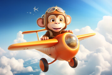 a cute monkey flying by plane in the sky 3d rendering