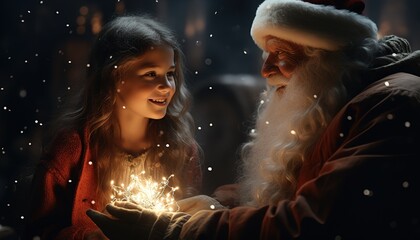 Grandfather Frost gives a gift to a little girl sitting in a chair. Fireplace and Christmas tree in the background - obrazy, fototapety, plakaty