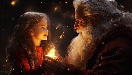 Grandfather Frost gives a gift to a little girl sitting in a chair. Fireplace and Christmas tree in the background