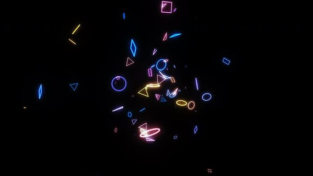 Abstract intro background animation of 3D neon shapes circles, triangles and squares randomly slow rotating around center, 4K animated template