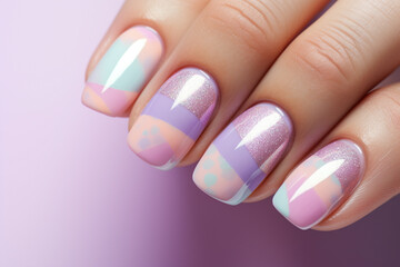 Woman's fingernails with pastel colored nail polish in front of violet background