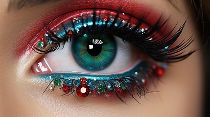 Girl's eye makeup. The beauty of winter Christmas makeup. Eyelashes. Cosmetic eye shadow. Creative New Year's holiday makeup