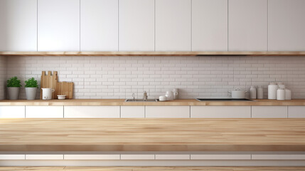 Empty wooden table countertop and kitchen interior on background.