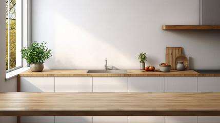 Empty wooden table countertop and kitchen interior on background.