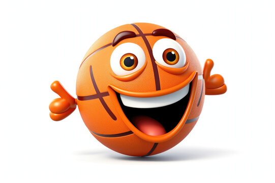 Happy cartoon bouncing basketball character with a spirited and lively face keeps both thumbs up on a white background.