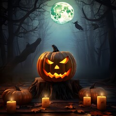 Halloween pumpkin head jack lantern with burning candles, Spooky Forest with a full moon and wooden table, Pumpkins In Graveyard In The Spooky Night