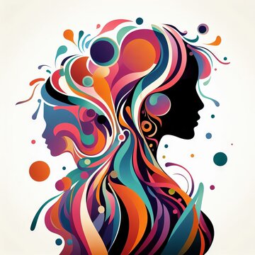 This image features two profiles of women with colorful hair. The left profile is smaller and has a more subtle color scheme of pink and blue. The right profile is larger and has a more vibrant color.