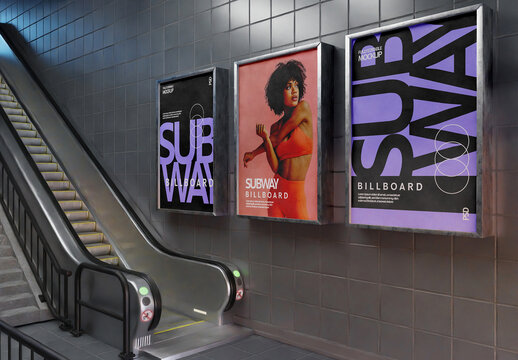 Three Vertical Subway Advertisement Mockup