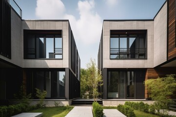 Contemporary simple homes. Outdoor view of residential buildings. Generative AI