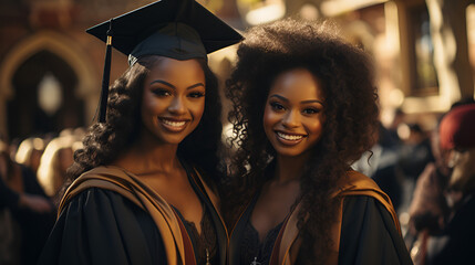 Joyful moment captured as two young black ladies in graduation regalia embrace on campus, diplomas in hand. Their laughter and bond celebrate academic achievements and the joy of graduation - obrazy, fototapety, plakaty