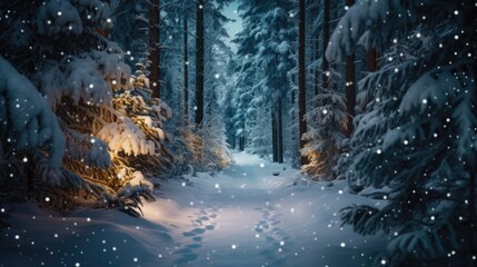A snowy path in the middle of a forest