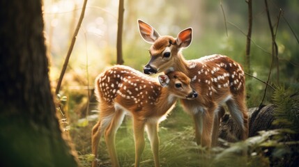 A couple of deer standing next to each other in a forest