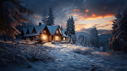 Winter landscape with a wooden house in the Carpathian mountains at night.