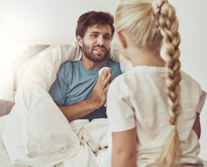 Obraz premium Sick father, tissue and child in home living room, talking and care for family. Girl, kid and help dad with flu, allergy or covid on lounge in blanket in winter for disease, cold virus and bacteria