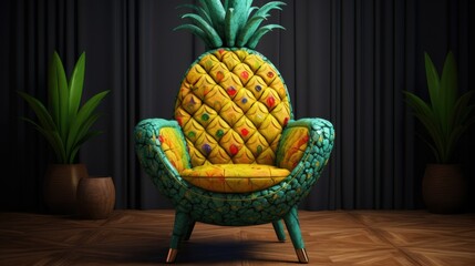 A chair made out of a pineapple on a wooden floor