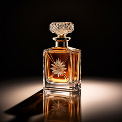Perfume bottle with a beautiful and luxurious design isolated on dark background. There is perfume in the bottle.