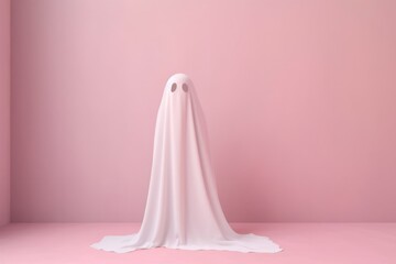 Pink pastel background. White sheet costume. Spooky ghost with fashion-forward style. Minimal and trendy Halloween concept with a touch of artistry.