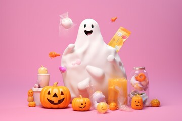 Obraz na płótnie Canvas Playful Halloween-themed objects surround a happy ghost in white sheet costume with treat bag against pastel pink backdrop.