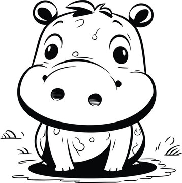 Hippopotamus   Black and White Cartoon Illustration. Vector