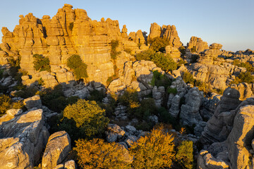 Unreal rock formation and landscape of Torcal de Antequera in Malaga, Andalusia, Spain. Aerial...
