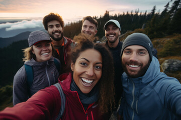 a group of hikers taking selfie at a sunrise