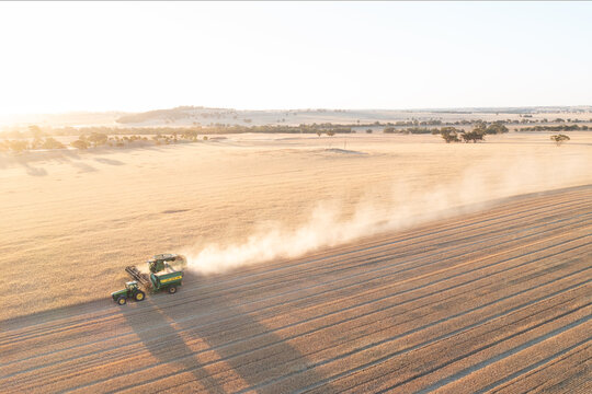 Aerial of header and chaser bin harvesting
