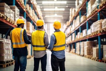 a group of workers with helmets are looking over a tablet as they move through the warehouse - obrazy, fototapety, plakaty