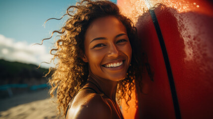 a surfer woman holding a surfboard - Powered by Adobe