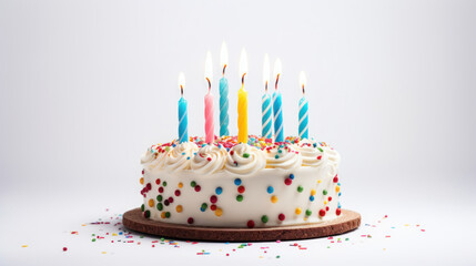 Cake with birthday candles on white background