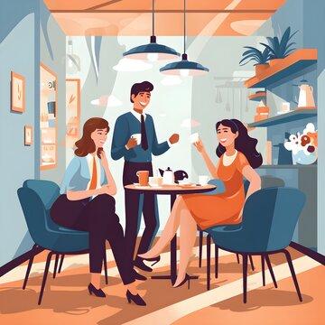 Friends meeting while drinking coffee , community meeting in room talk about business ,vector art background 