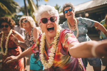 Happy senior women on vacation having fun and enjoying life on a tropical island, displaying joy, embodying a healthy, retired lifestyle - obrazy, fototapety, plakaty