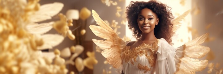 Beautiful Smiling African American Female Holy Golden White Angel Background with Empty Copy Space for Text and Ad - Beautiful Smiling Black Woman Angel Wallpaper created with Generative AI Technology - obrazy, fototapety, plakaty