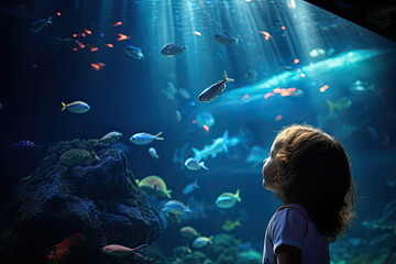 Fototapeta premium Children marvel at the varied marine life in the aquarium's enchanting underwater environment.