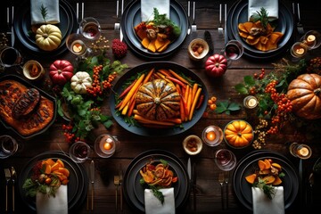 A festive Christmas dinner table decorated with a homemade feast creates a warm and joyful atmosphere.