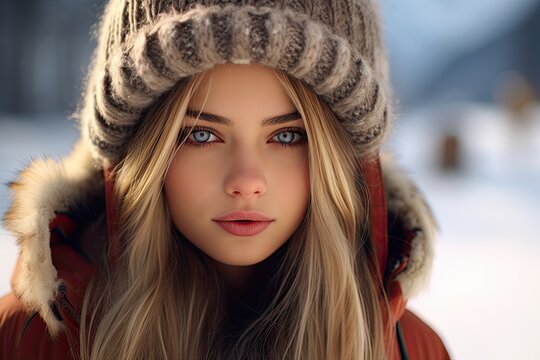 Stylish and beautiful young woman with flawless makeup against a snowy winter background, radiating grace and glamor.