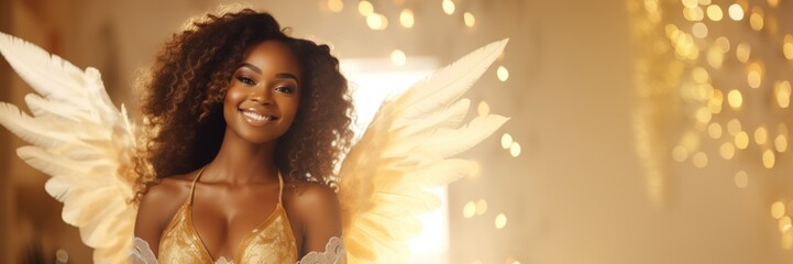 Beautiful Smiling African American Female Holy Golden White Angel Background with Empty Copy Space for Text and Ad - Beautiful Smiling Black Woman Angel Wallpaper created with Generative AI Technology