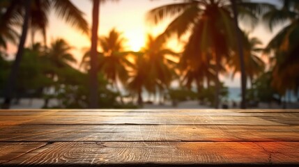 Wooden empty bar with sunset beach and coconut tree background for presentation advertising a new products. Generative Ai  - obrazy, fototapety, plakaty