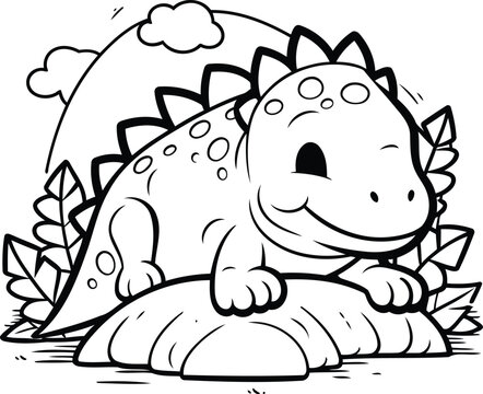 Coloring Page Outline Of Cute Dinosaur Vector Illustration.