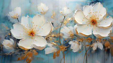 a painting of white flowers on a blue background.   Acrylic Painting of a Snow color flower, Perfect for Wall Art.